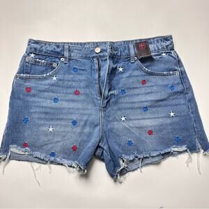 No Boundaries Women’s Star Print Embroidery Design Raw Denim Hem Shorts Sz 13